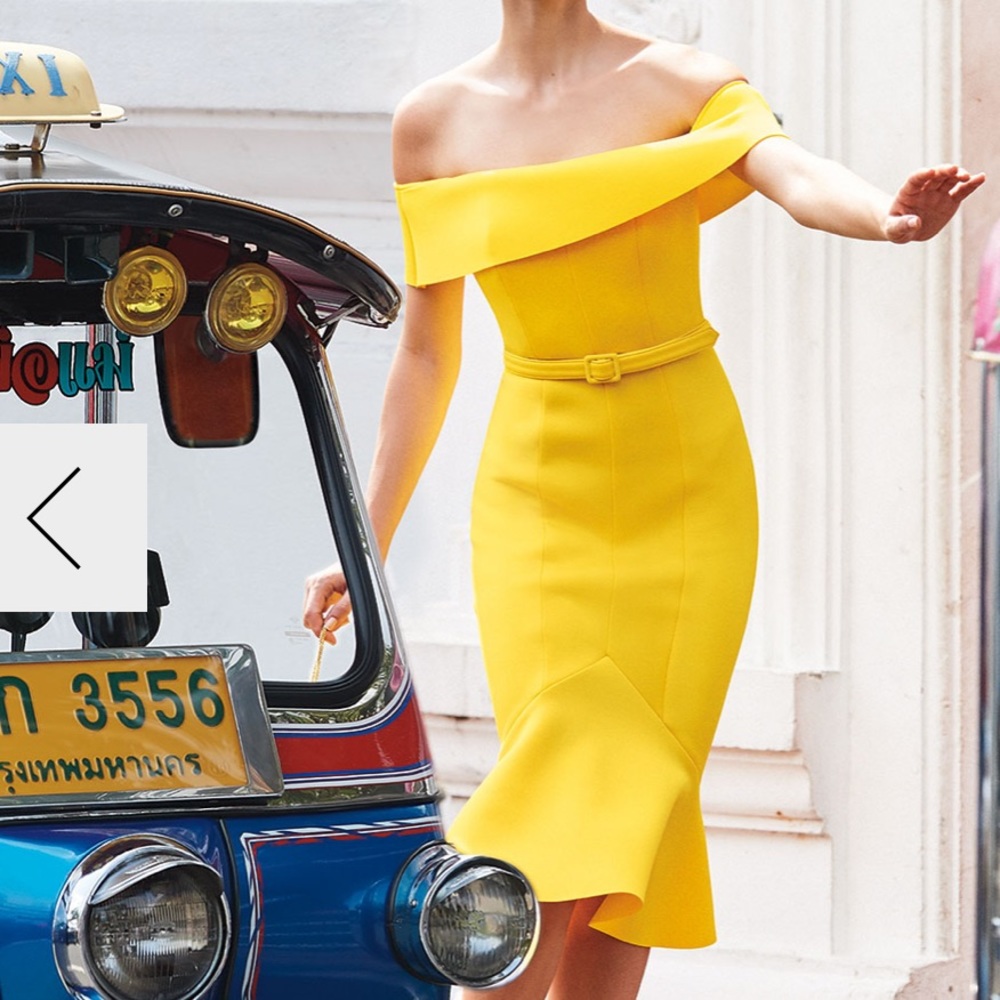Off-the-Shoulder Belted Flounce Hem Scuba Dress